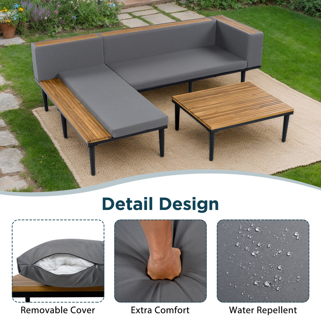 L-Shaped Acacia Wood Outdoor Sectional Sofa Set with Coffee Table – image 2