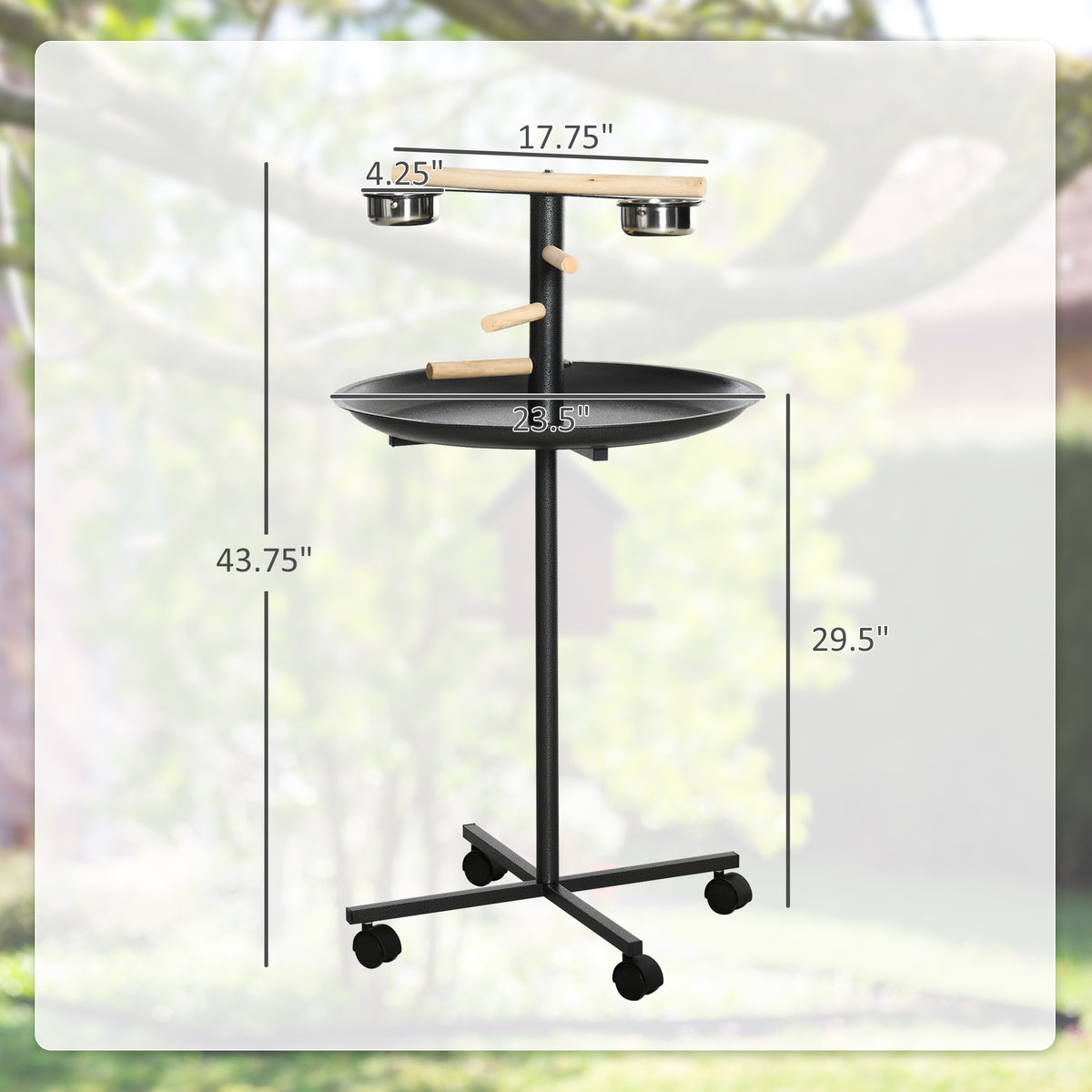 Rolling Bird Play Stand with Stainless Steel Bowls and Tray, Gray – image 3