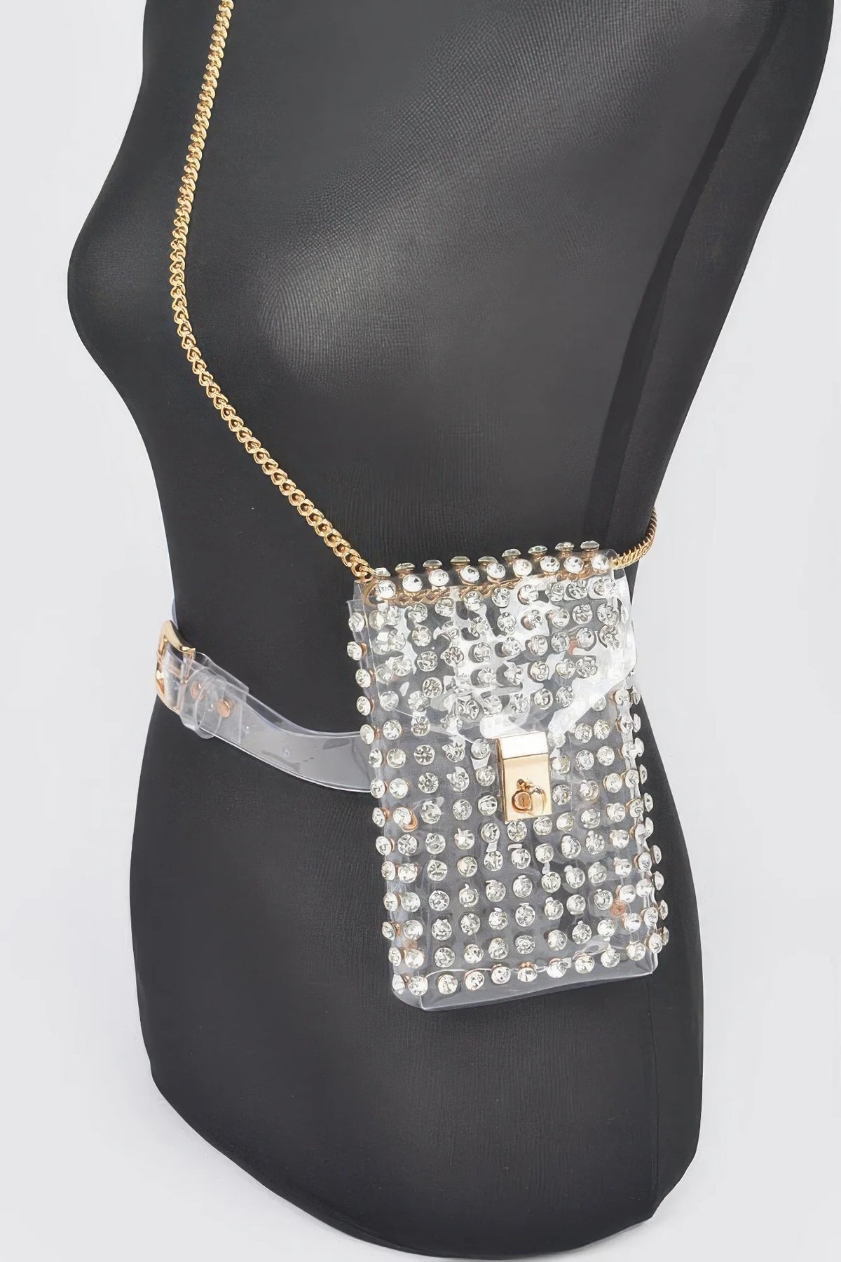 Clear Belt Bag with Rhinestones and Chain Strap, Multicolor
