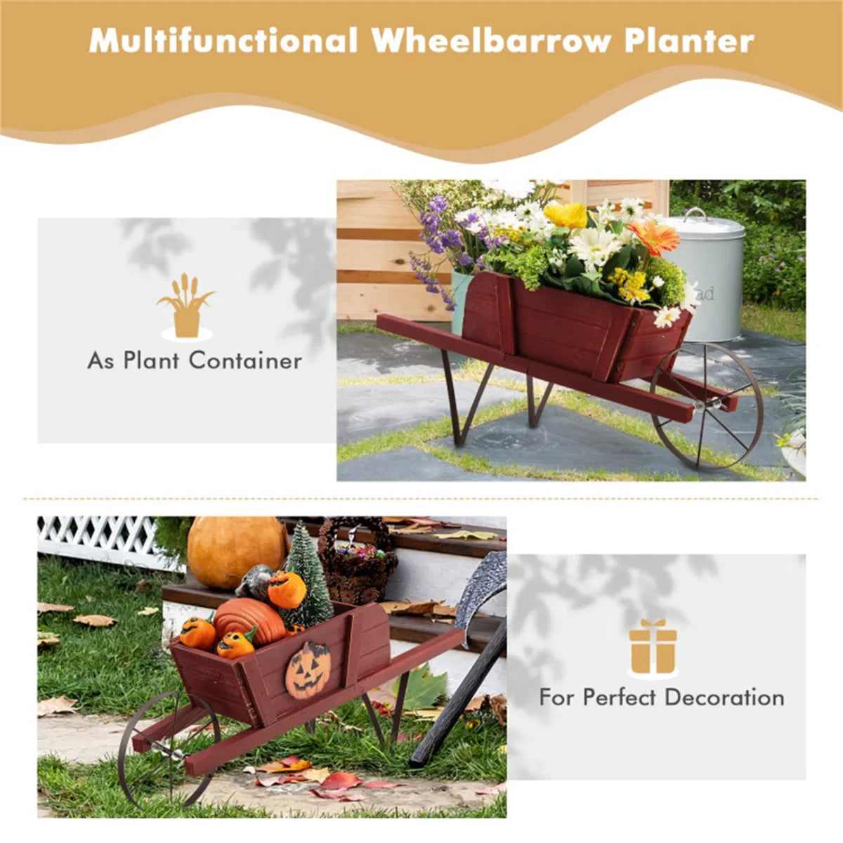 Wooden Wheelbarrow Planter with 9 Seasonal Magnetic Decorations – image 7