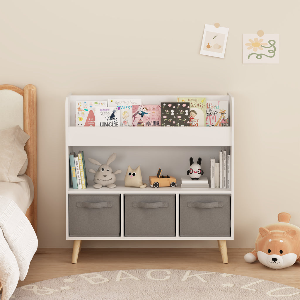 Nursery Bookcase with 3 Fabric Storage Bins, White and Gray – image 5