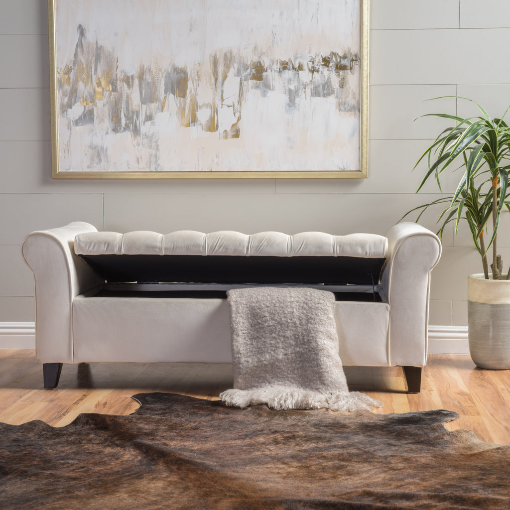 Tufted Storage Bench with Rolled Arms, 50 in Ivory Fabric – image 4