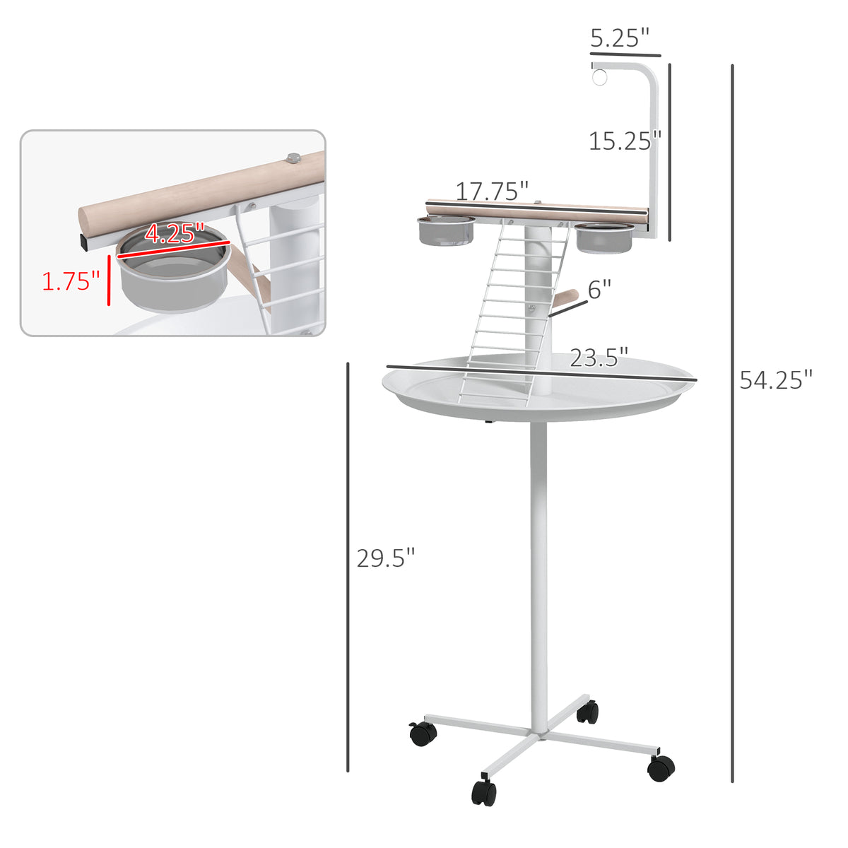 Rolling Parrot Play Stand with Perches, Feed Bowls and Tray – image 3