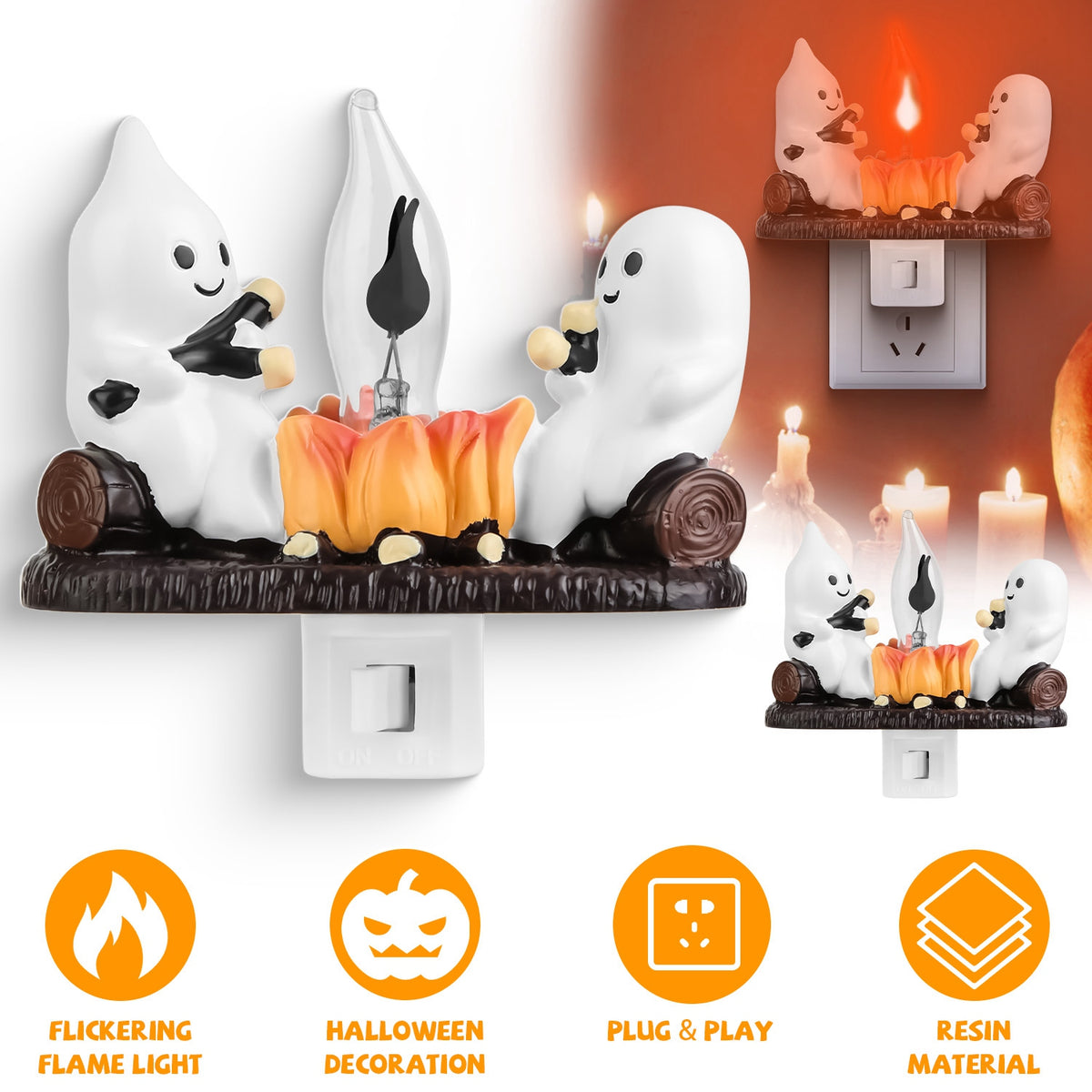 Ghost Campfire Night Light, Flickering Flame Halloween Decor 2 Pack – image 2