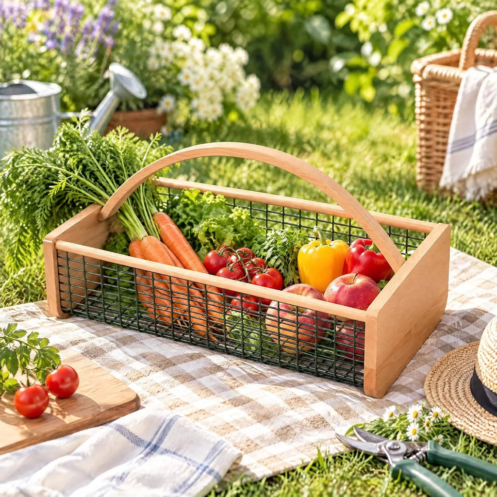 Garden Hod Harvest Basket - Wooden Vegetable Basket with Metal Mesh – image 4