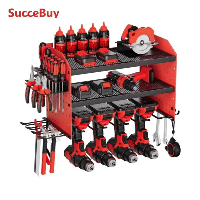 Power Tool Organizer Wall Mount, 3-Tier Drill Rack with Pegboard Sides