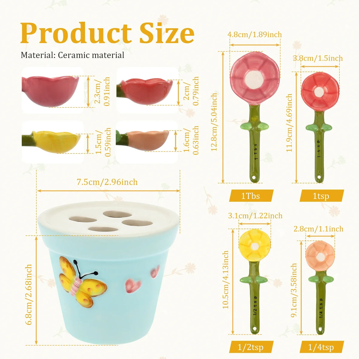 Ceramic Measuring Spoons - 4 Piece Flower Set with Base – image 3