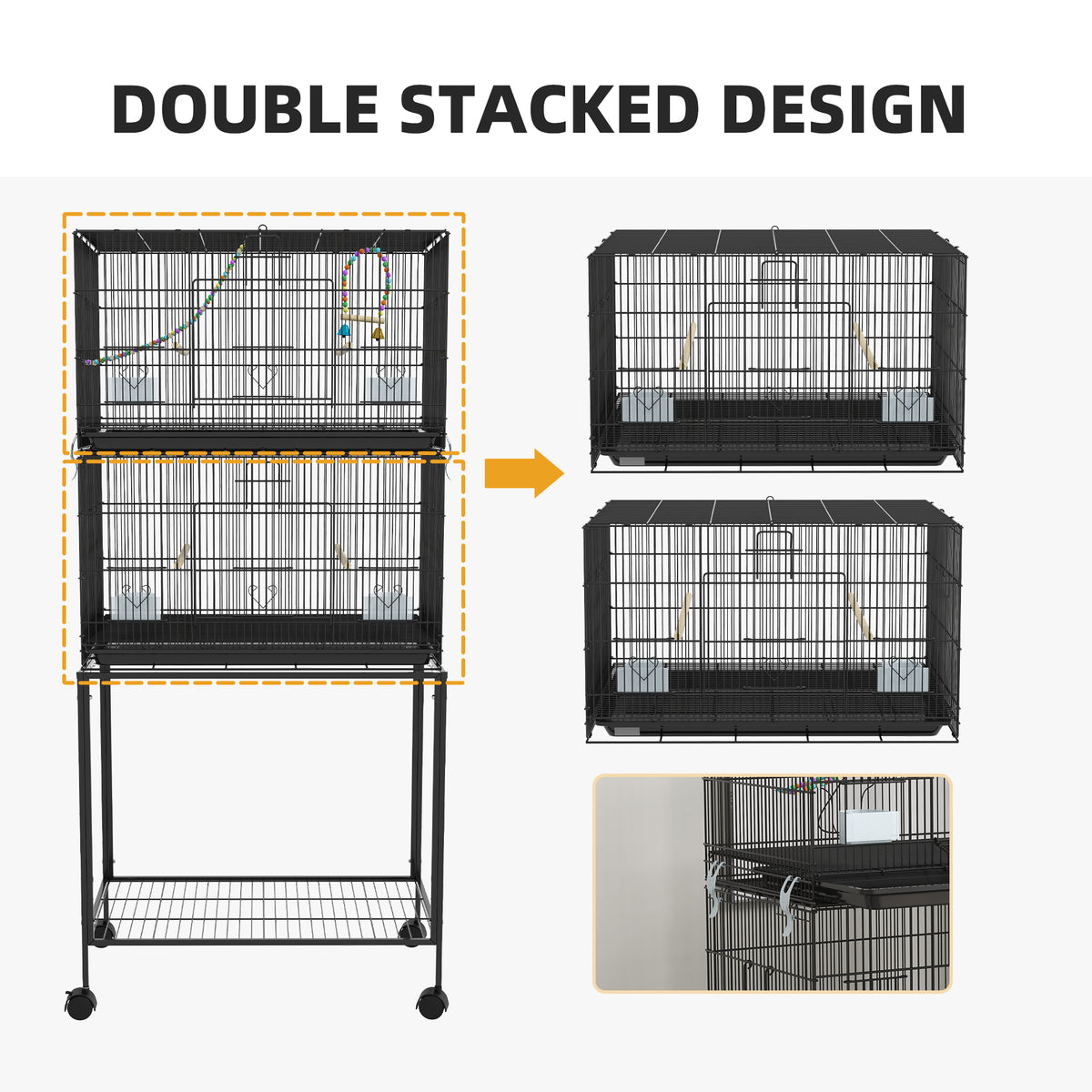 Double Stackable Bird Cage with Rolling Stand for Canaries, Black – image 7