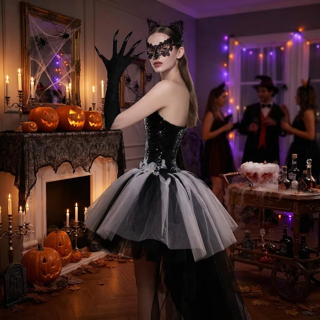 Black Cat Costume Accessories Set with Ears, Lace Mask, Claw Gloves – image 7