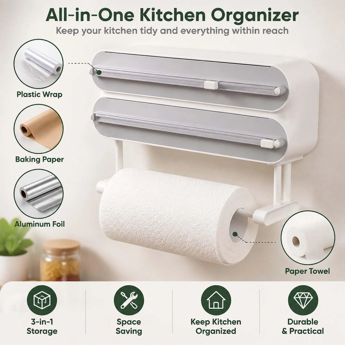 Wrap Dispenser, Magnetic 3-in-1 Foil and Plastic Wrap Organizer – image 4