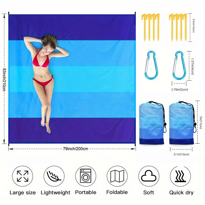 Sandproof Beach Blanket – Extra Large Waterproof Mat with Stakes, Blue – image 8