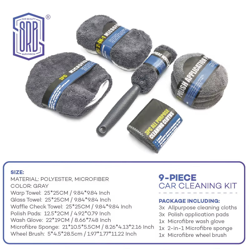 9-Piece Car Wash & Detailing Kit - Tire Brush, Mitt, Sponge & Towels – image 4