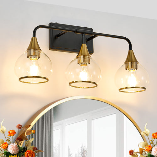 23 Inch 3-Light Black and Gold Vanity Sconce with Clear Glass Shades – image 1