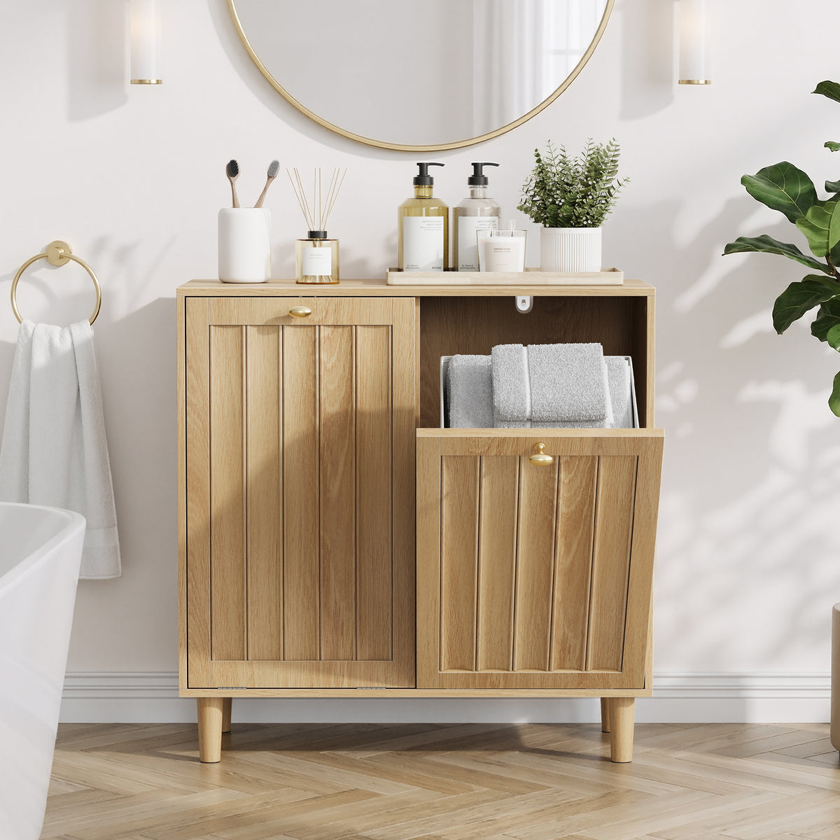 Tilt-Out Laundry Hamper Cabinet with Removable Liner, Oak – image 1