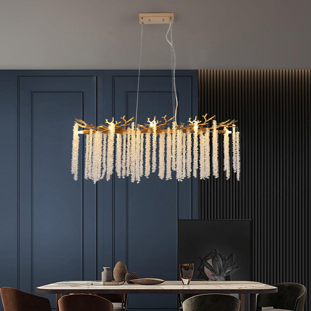 39 Inch Gold Crystal Chandelier with Cascading Strands, 8-Light