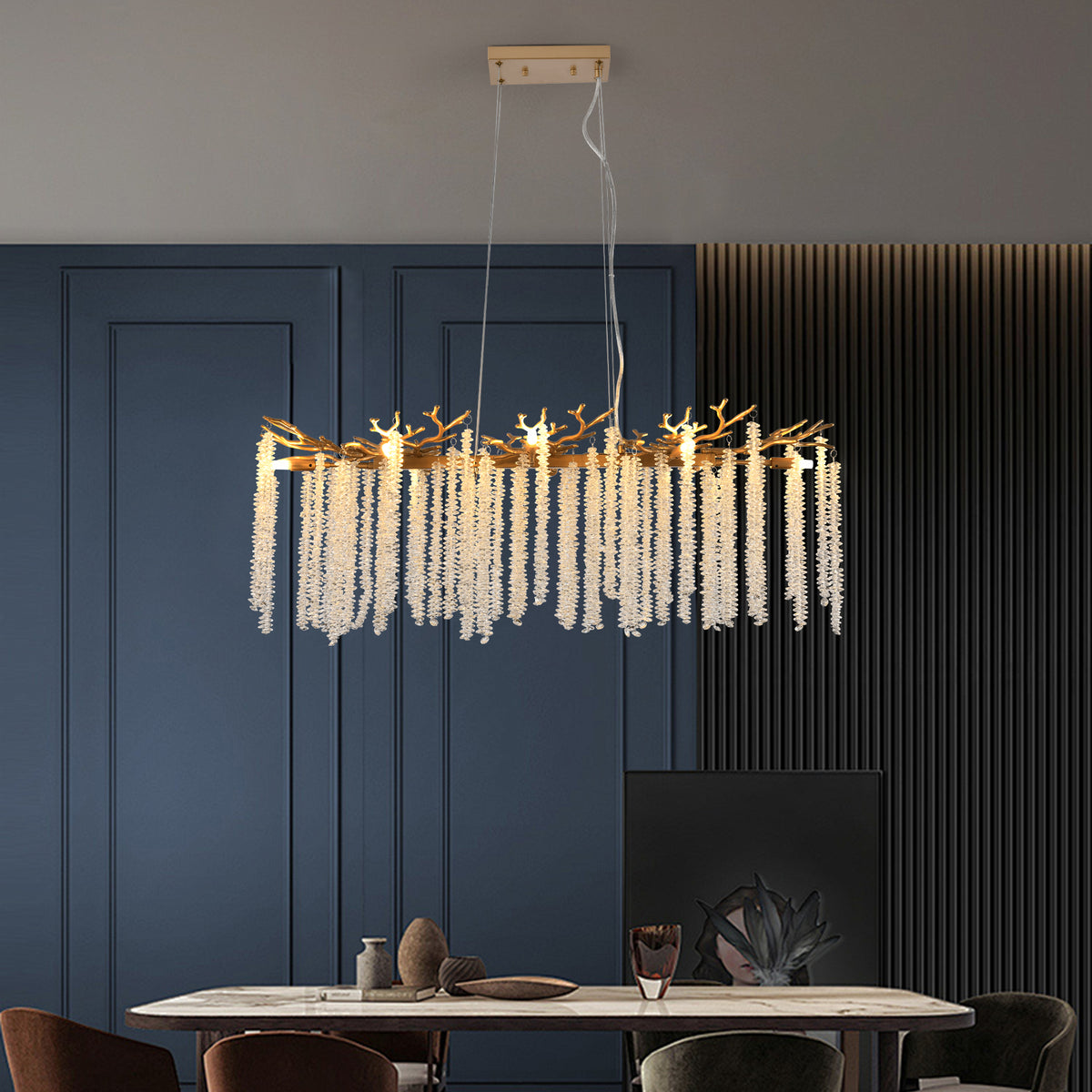 39 Inch Gold Crystal Chandelier with Cascading Strands, 8-Light