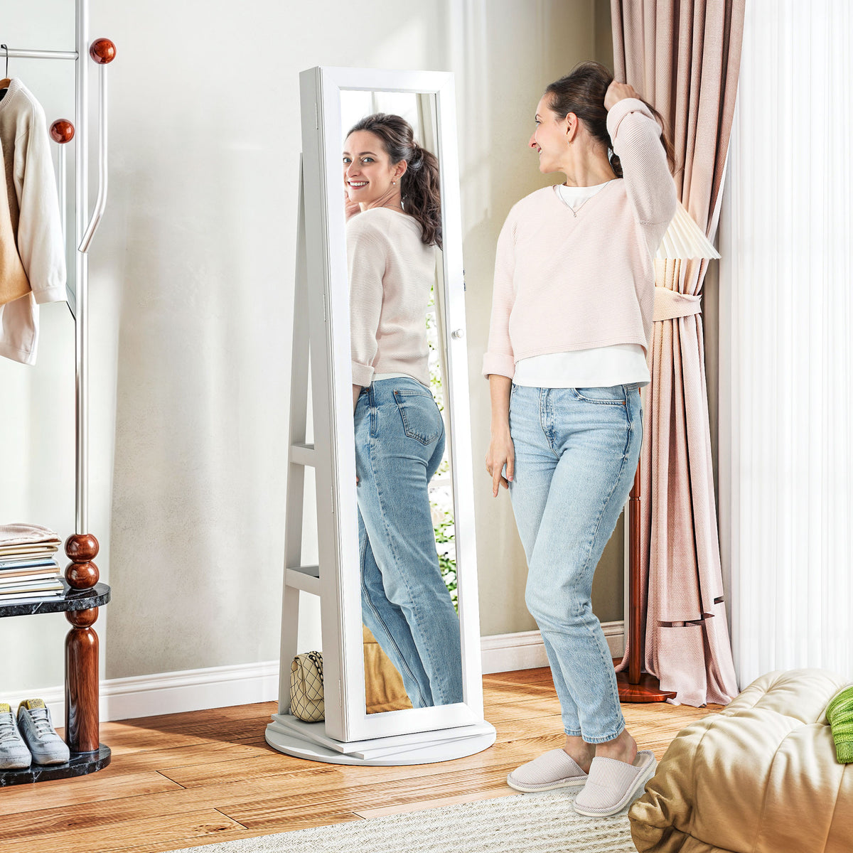 Rotating Standing Mirror Armoire with Magnetic Lock and Back Shelves – image 8