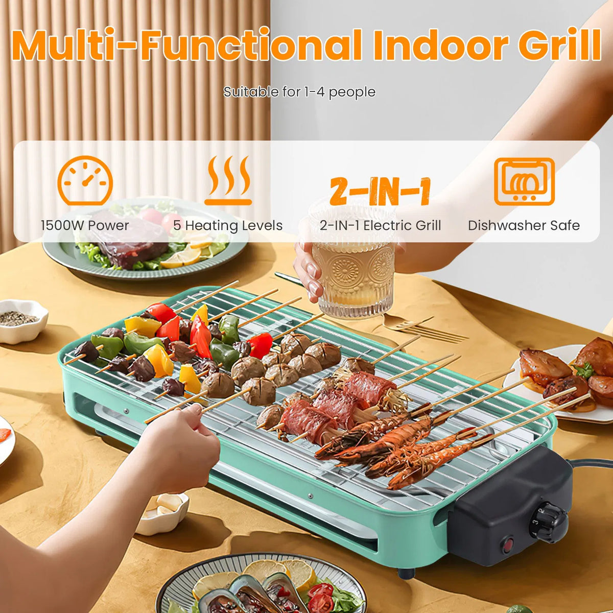 1500W 2-in-1 Electric Indoor Grill with 3 Raclette Trays – image 8