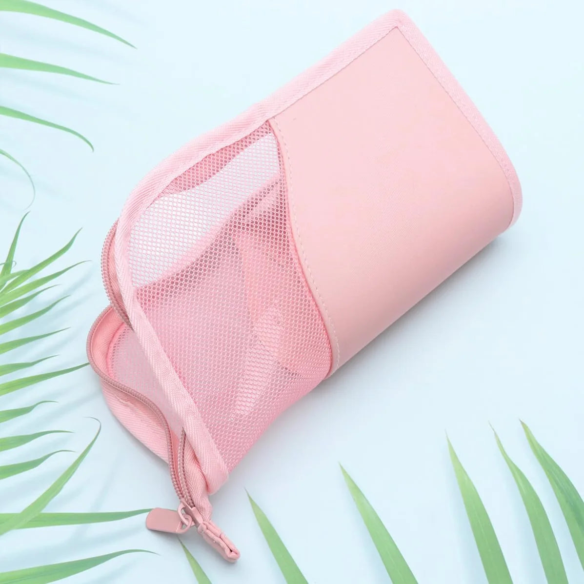 Makeup Brush Bag, Pink Standing Mesh Cosmetic Pouch with Zipper – image 2