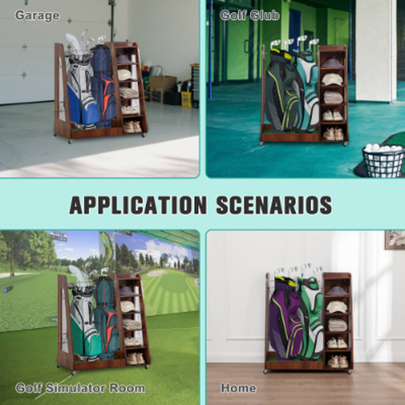 Wooden Golf Bag Organizer for 2 Bags With Shoe Shelves – image 23