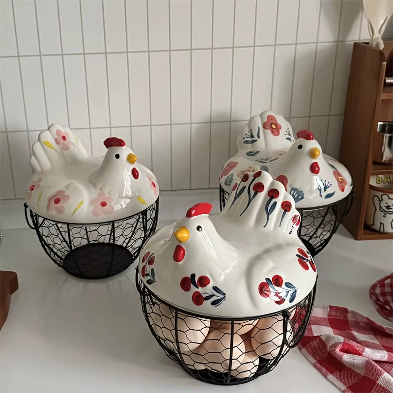 Ceramic Egg Basket, Farmhouse Hen-Shaped Egg Holder with Lid – image 3