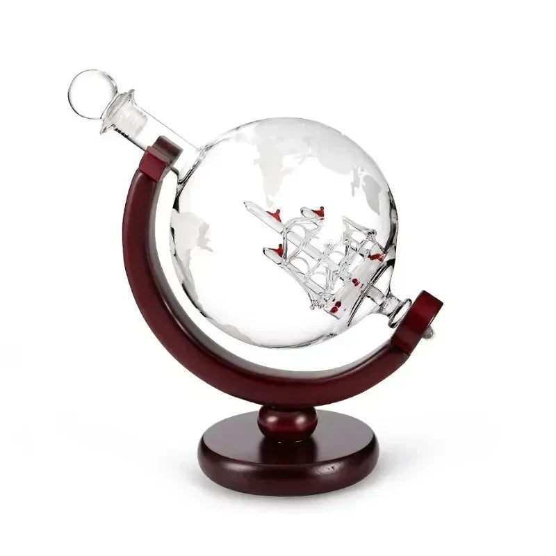 Globe Whiskey Decanter Set, 900 ml with Wood Stand