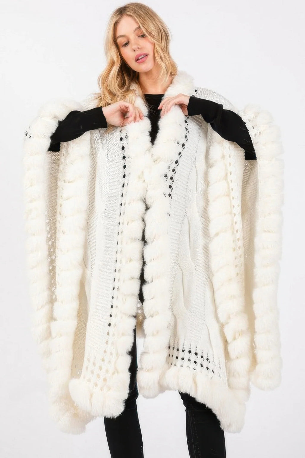 Faux Fur Collar Cape with Front Closure – Burgundy Winter Wrap – image 4