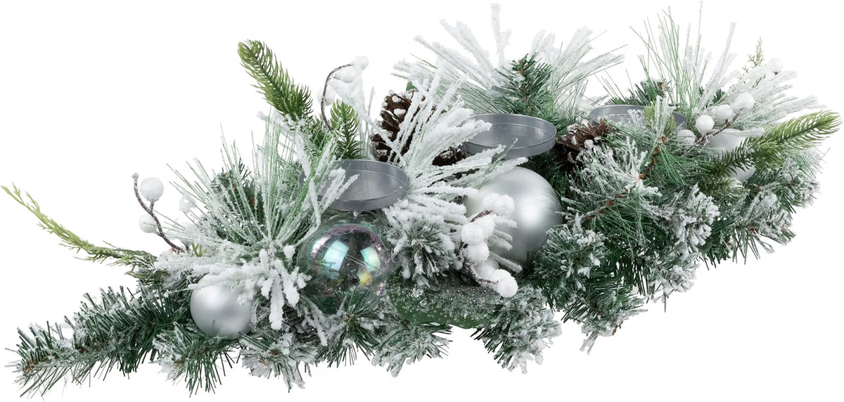 Flocked Pine Triple Candle Holder Centerpiece with Ornaments, 32 in – image 4