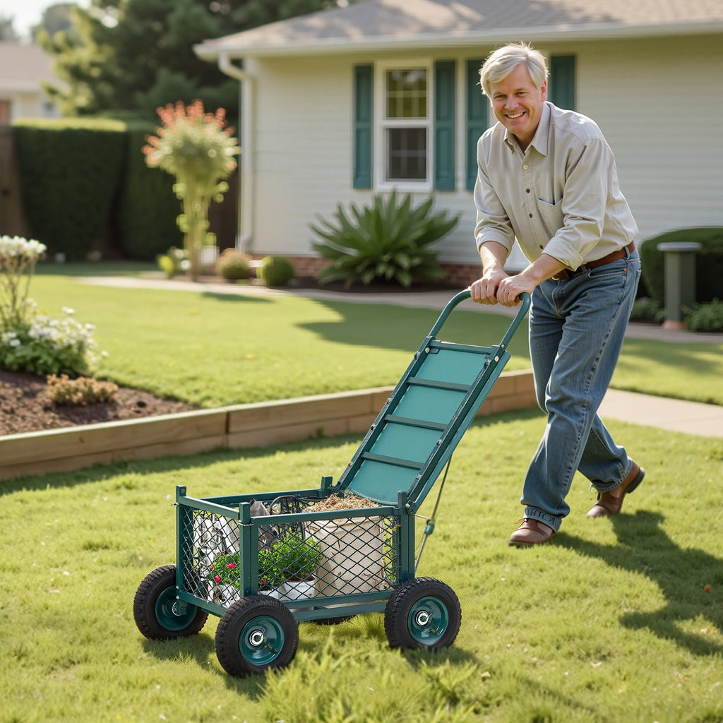 Garden Seat Cart, Rolling with Storage Basket and Wheels