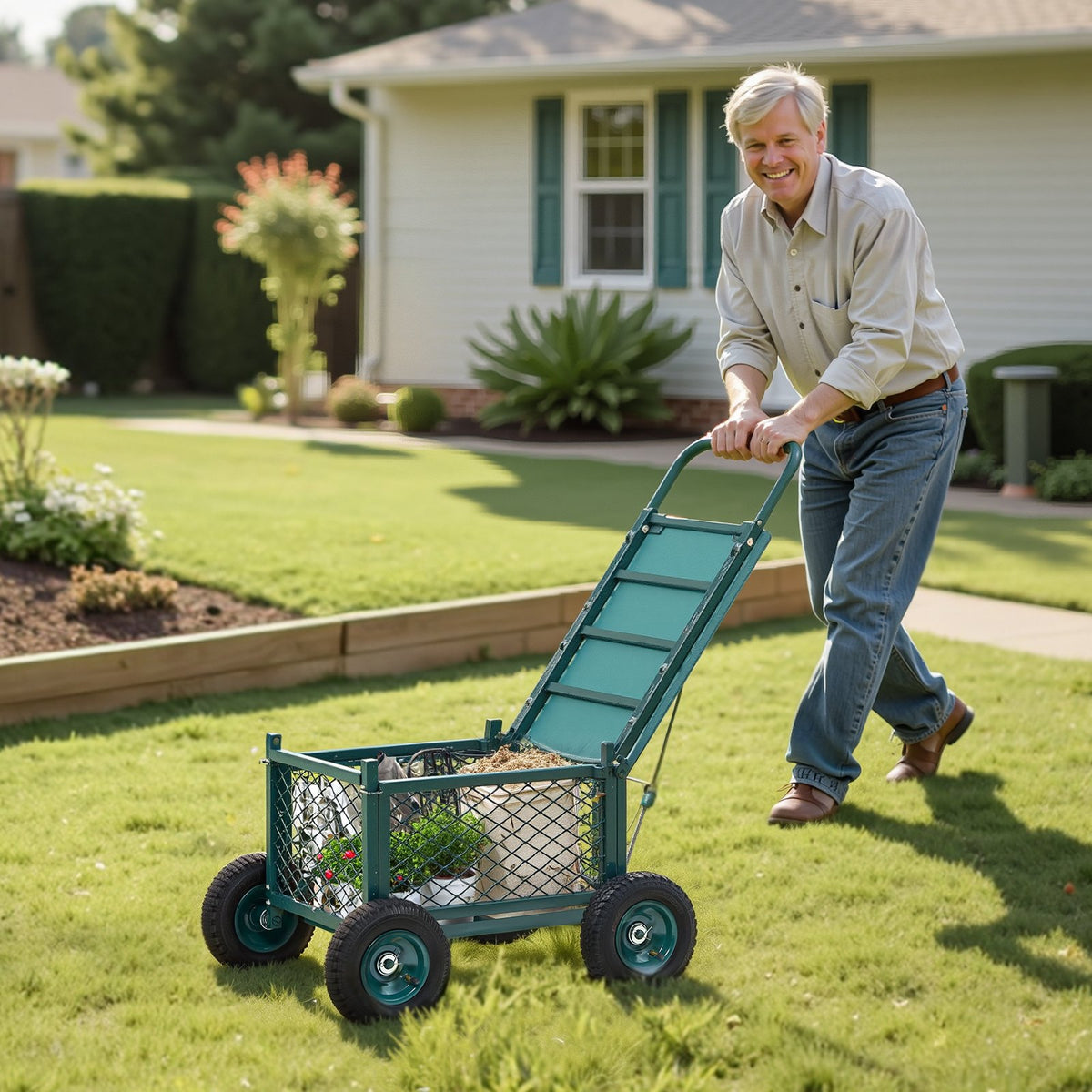 Garden Seat Cart, Rolling with Storage Basket and Wheels