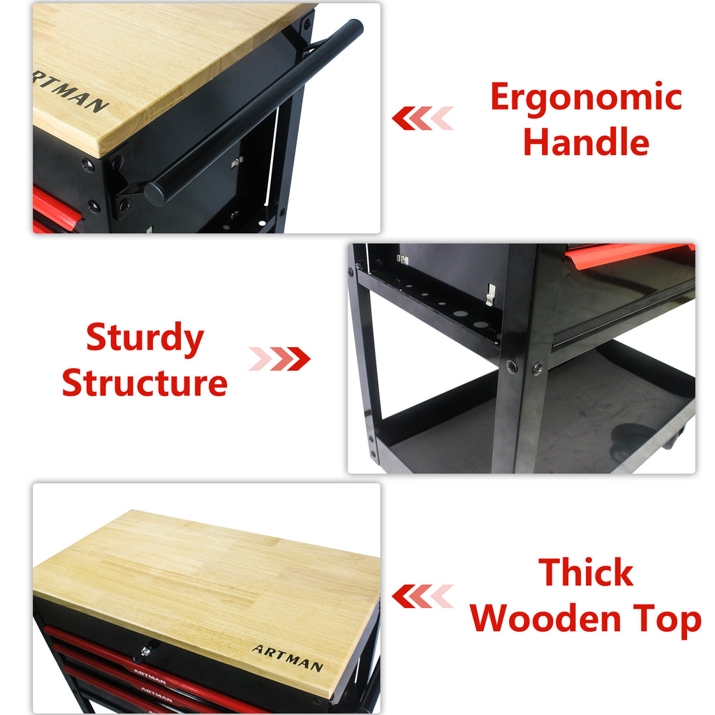3-Drawer Rolling Tool Cart with Wooden Top and Adjustable Shelf – image 7