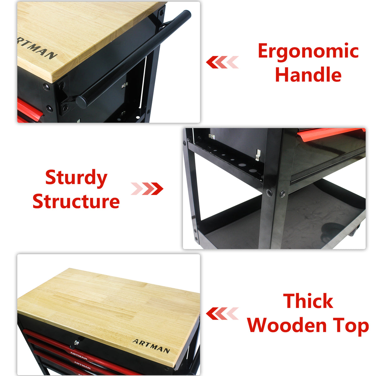3-Drawer Rolling Tool Cart with Wooden Top and Adjustable Shelf – image 7