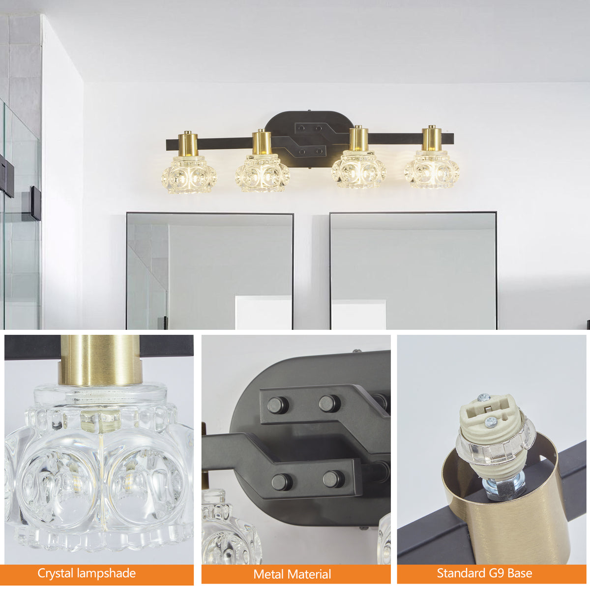 Vintage 4-Light Crystal Wall Sconce Black Gold Vanity Light 24 In – image 5