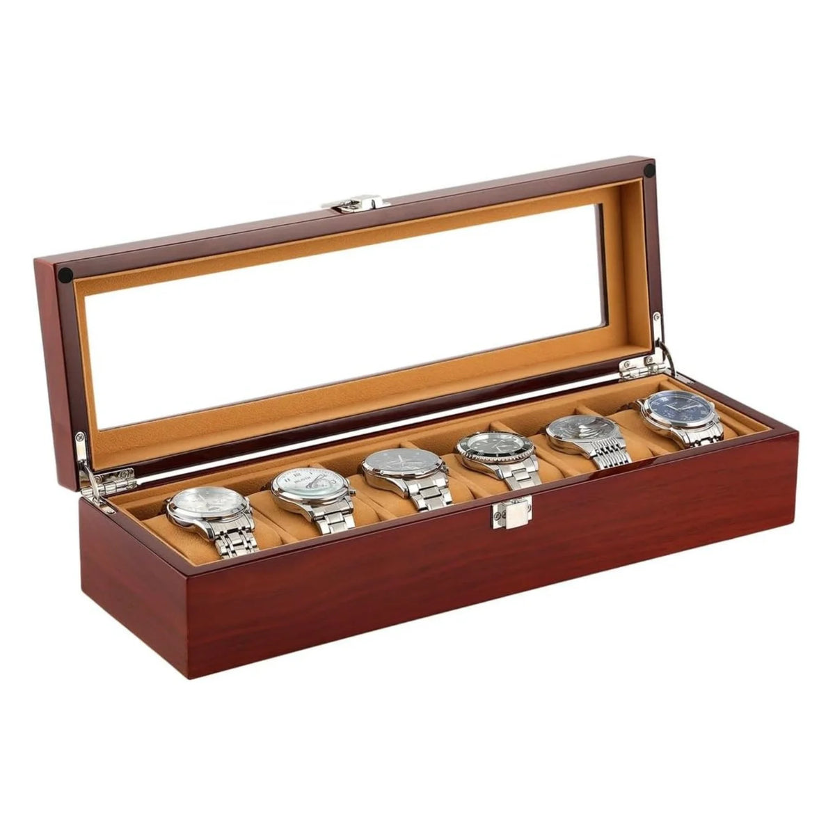 Wooden Watch Box 6-Slot, Glass Top Display Case Organizer – image 6