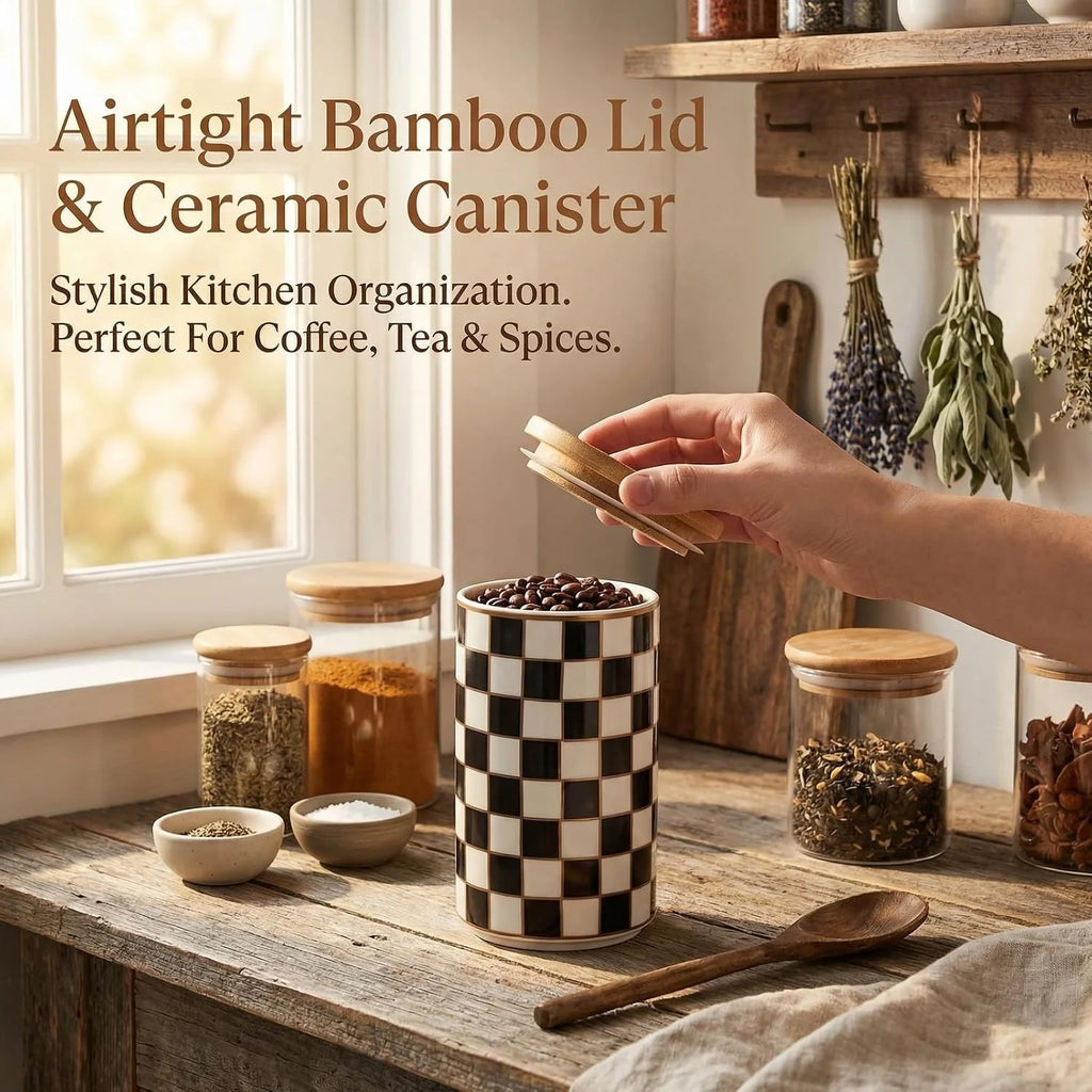 Ceramic Canister, Airtight 800 ml Kitchen Jar, Black Checkered – image 7