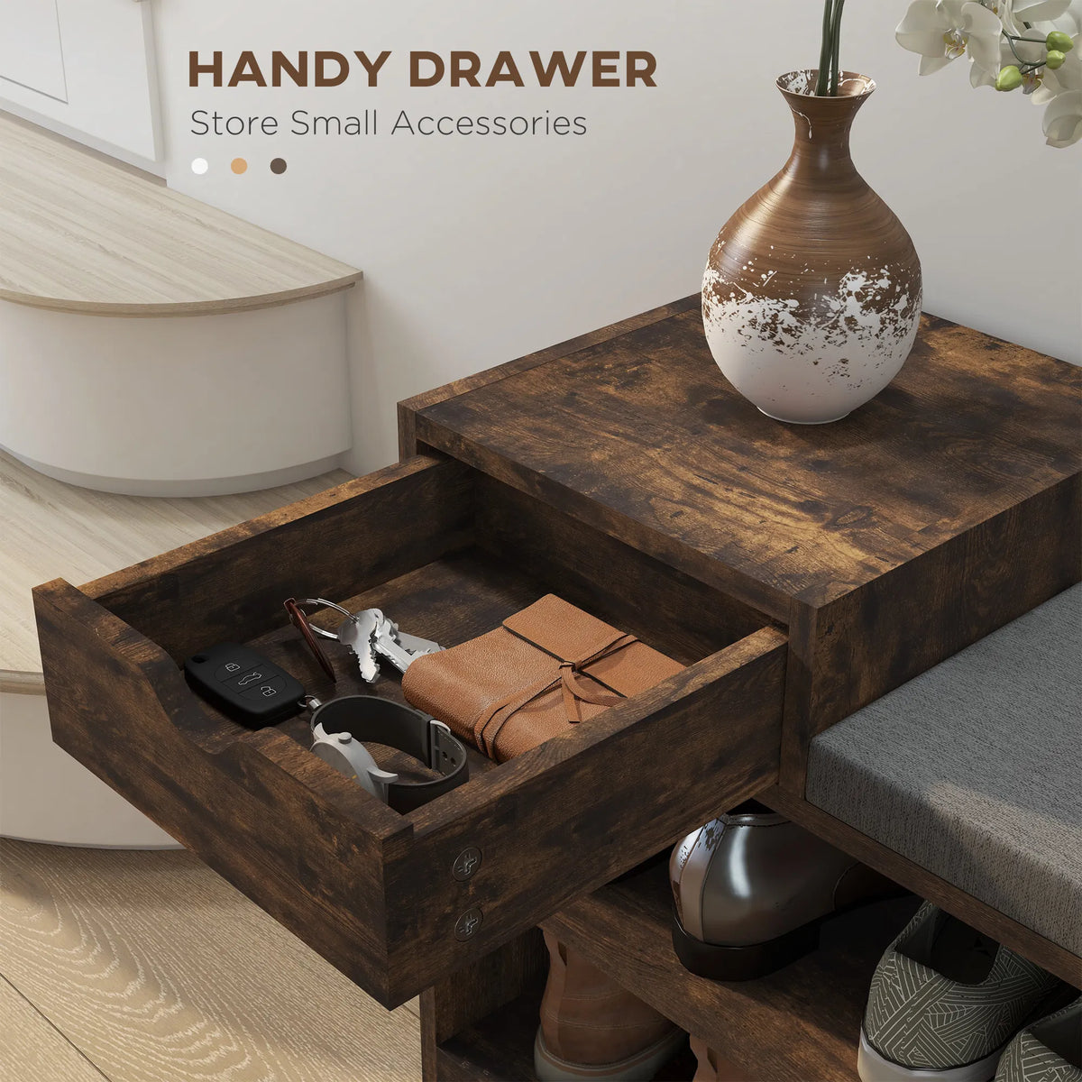 Shoe Storage Bench with Padded Seat, Drawer and 3 Shelves, Brown – image 5