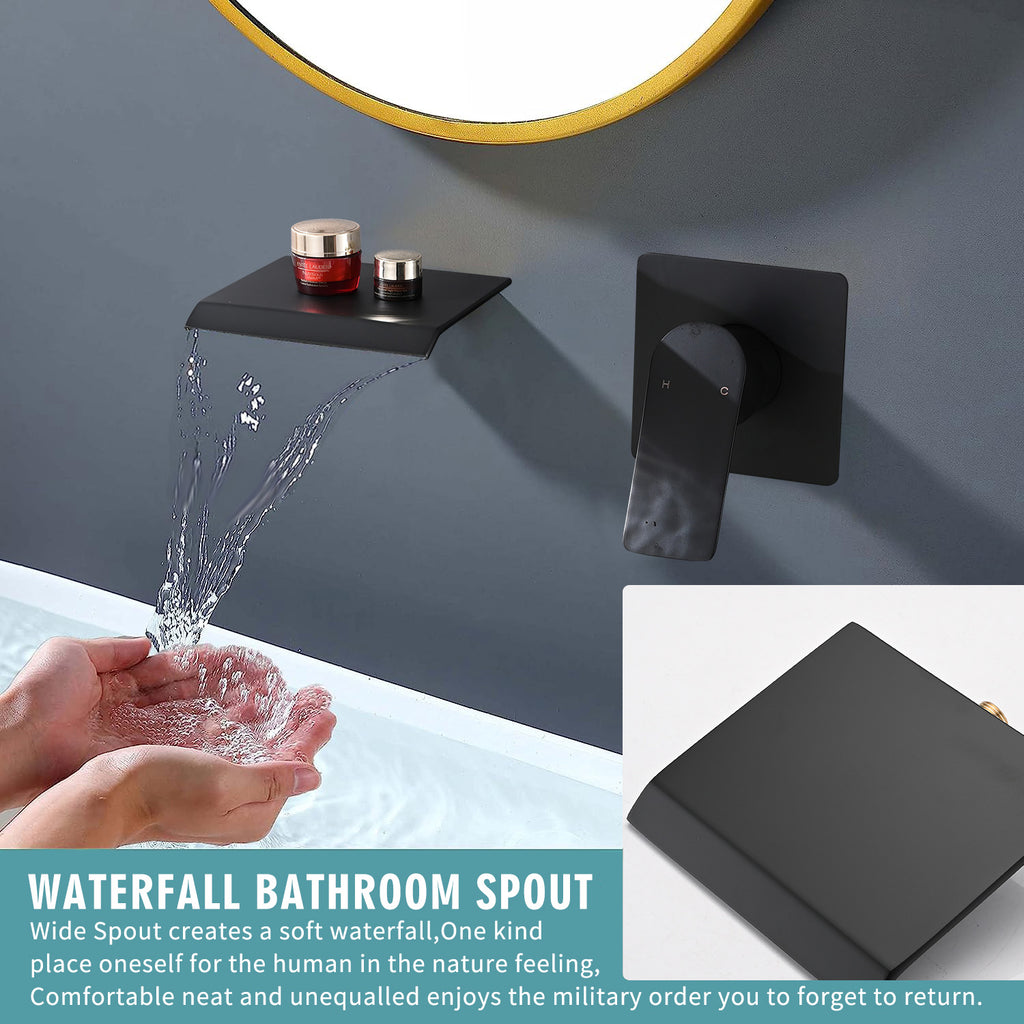 Wall Mount Waterfall Faucet with Rough-In Valve, Matte Black – image 3