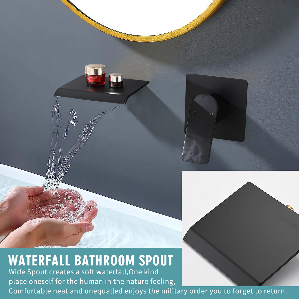 Wall Mount Waterfall Faucet with Rough-In Valve, Matte Black – image 3