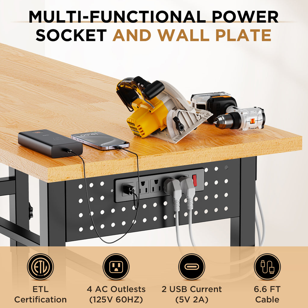 96 Inch Solid Wood Top Workbench With Side Pegboard And Outlet – image 4