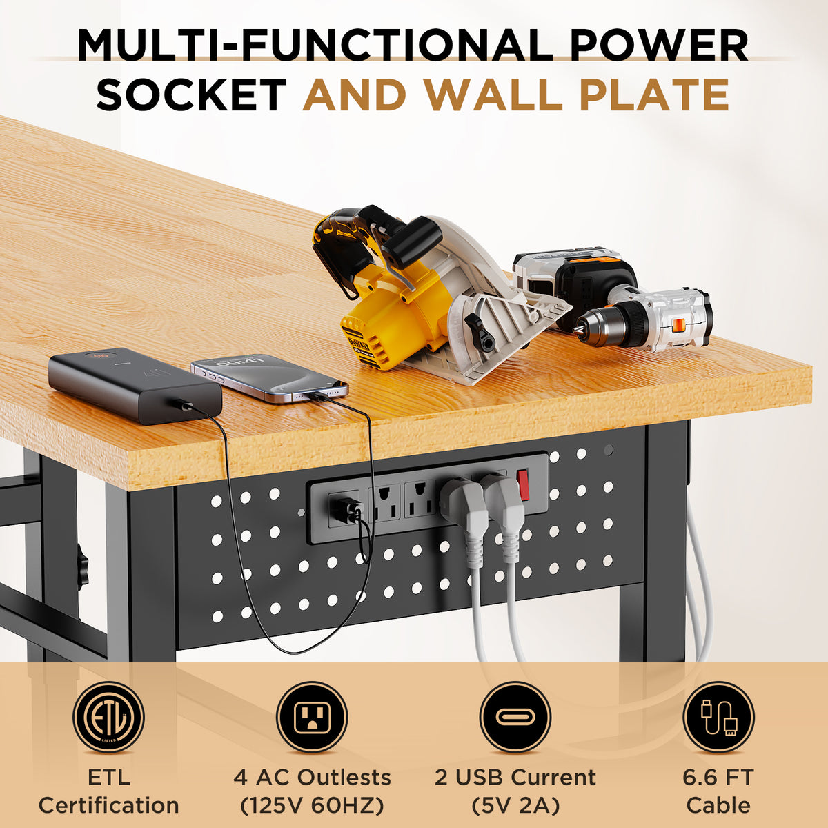 96 Inch Solid Wood Top Workbench With Side Pegboard And Outlet – image 4