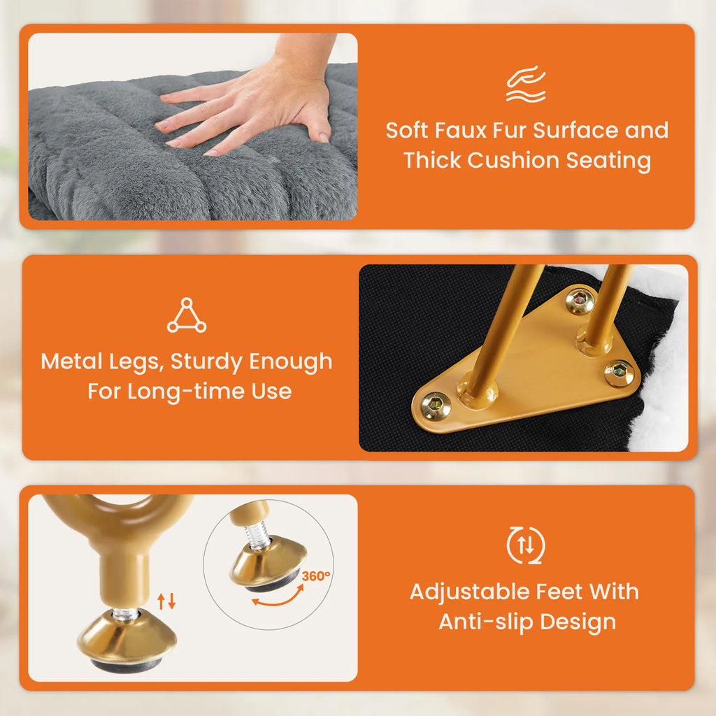 Faux Fur Vanity Stool with Hidden Storage and Gold Metal Legs – image 6