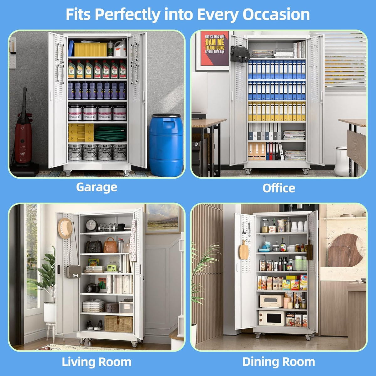 Garage Storage Cabinet Locking Metal with Wheels, Pegboard Doors – image 8