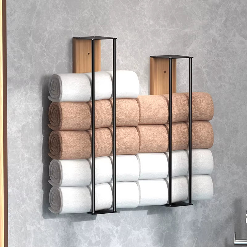 Rolled Towel Rack - Wall Mounted Iron and Wood Bathroom Towel Holder – image 2