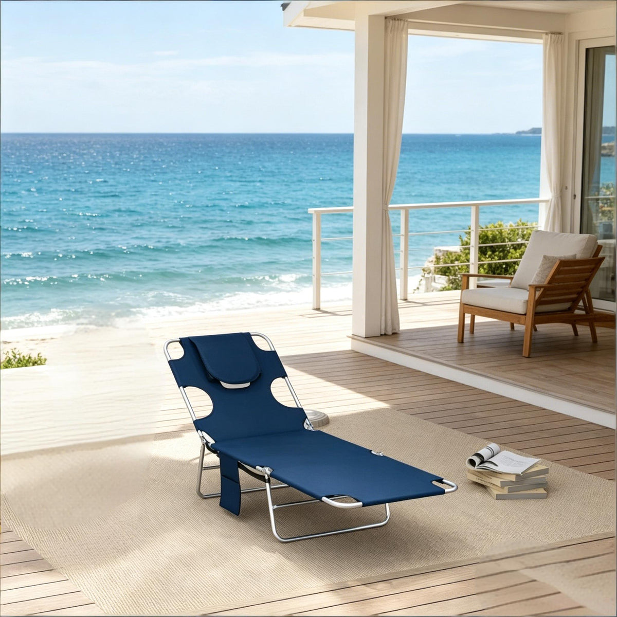 Folding Chaise Lounge Chair with Face Cavity and Side Pocket
