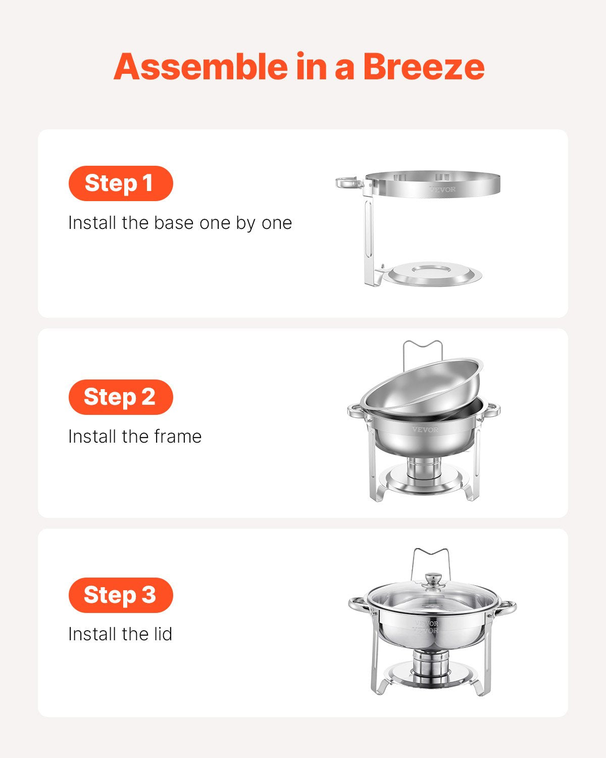 Round Stainless Steel Chafing Dish Buffet Set, 5 Qt, 4 Pack – image 5