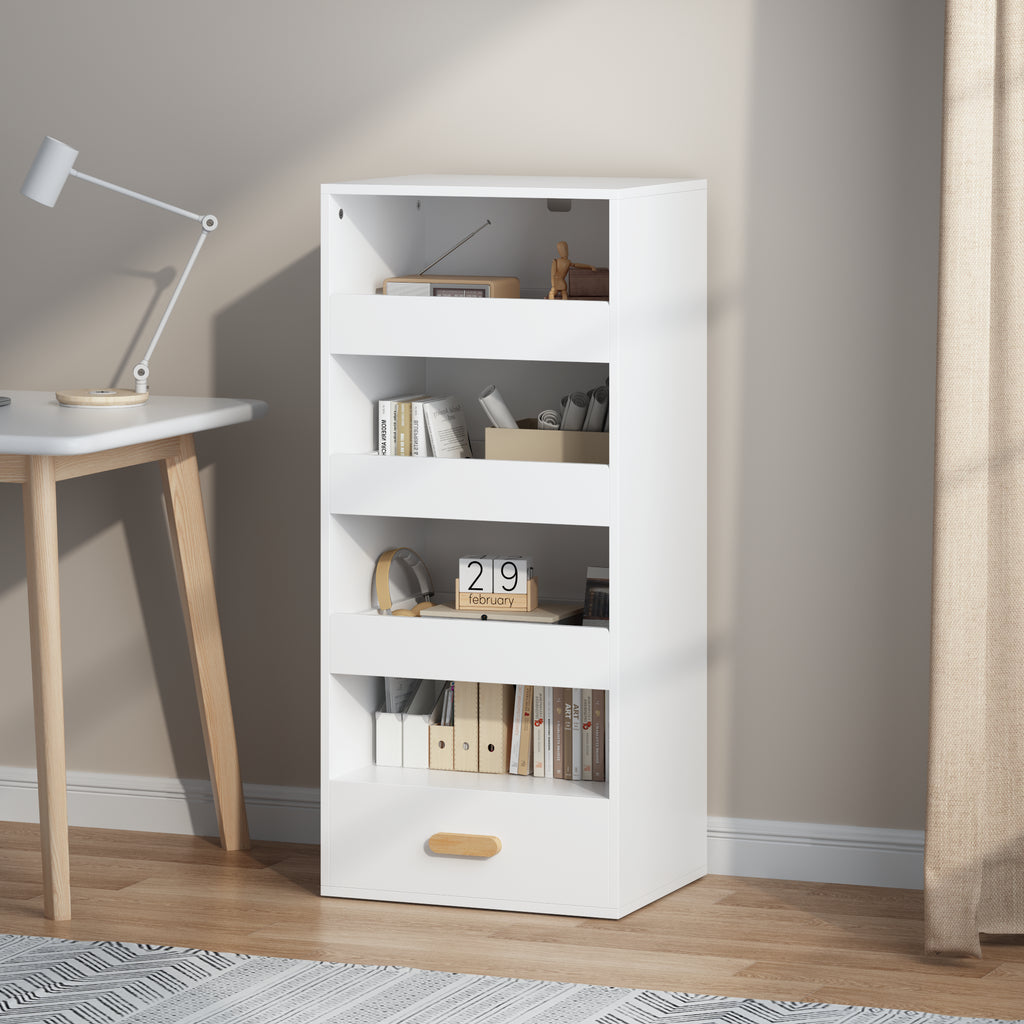 4-Tier Bookshelf with 3 Sliding Drawers and Bottom Drawer, White – image 3