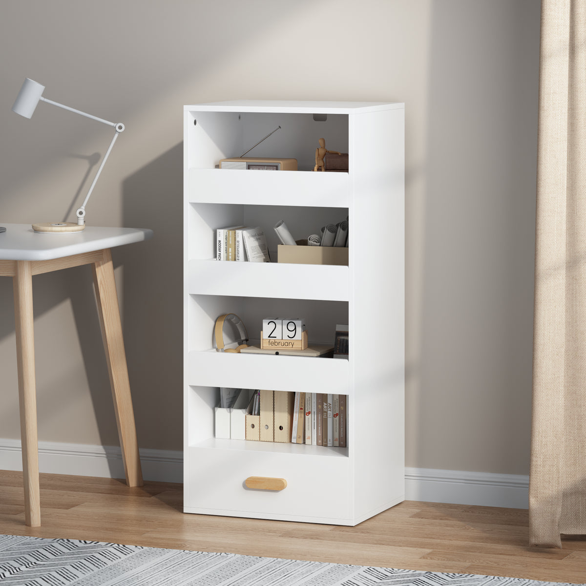 4-Tier Bookshelf with 3 Sliding Drawers and Bottom Drawer, White – image 3