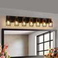 44 Inch Industrial 7-Light Cage Vanity Light Bar, Black & Walnut