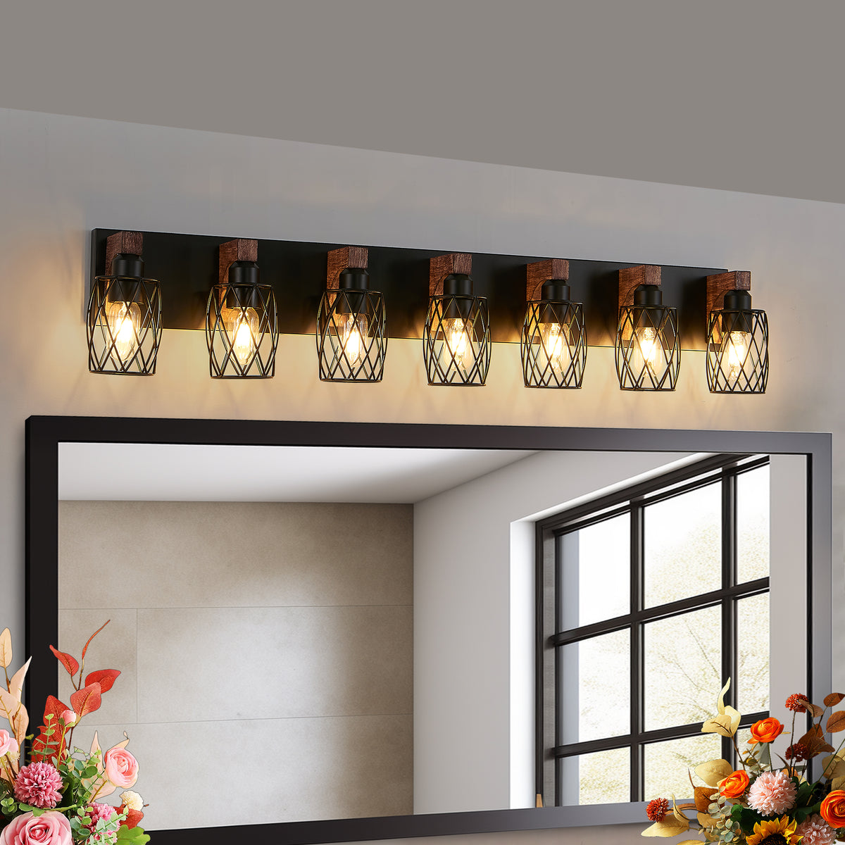 44 Inch Industrial 7-Light Cage Vanity Light Bar, Black & Walnut