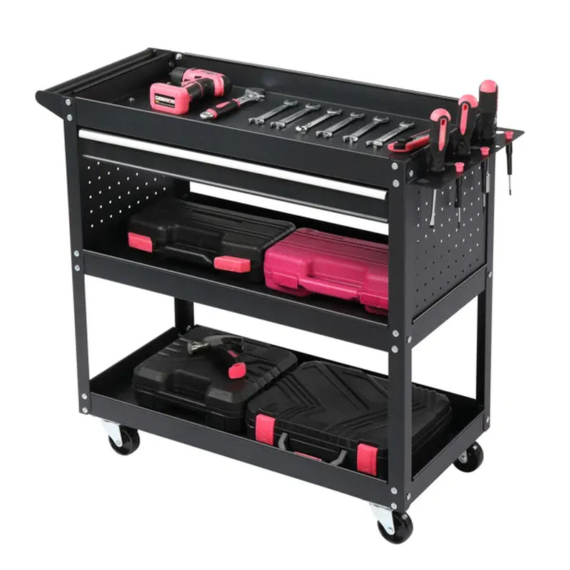Welding Shop 3-Tier Rolling Tool Cart with Pegboard & Drawer
